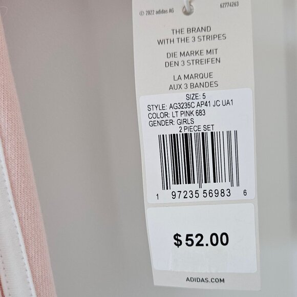 Girls Size 5 Adidas Two Piece set.  Light Pink Zippered Hoodie and Pants NWT - Picture 3 of 8